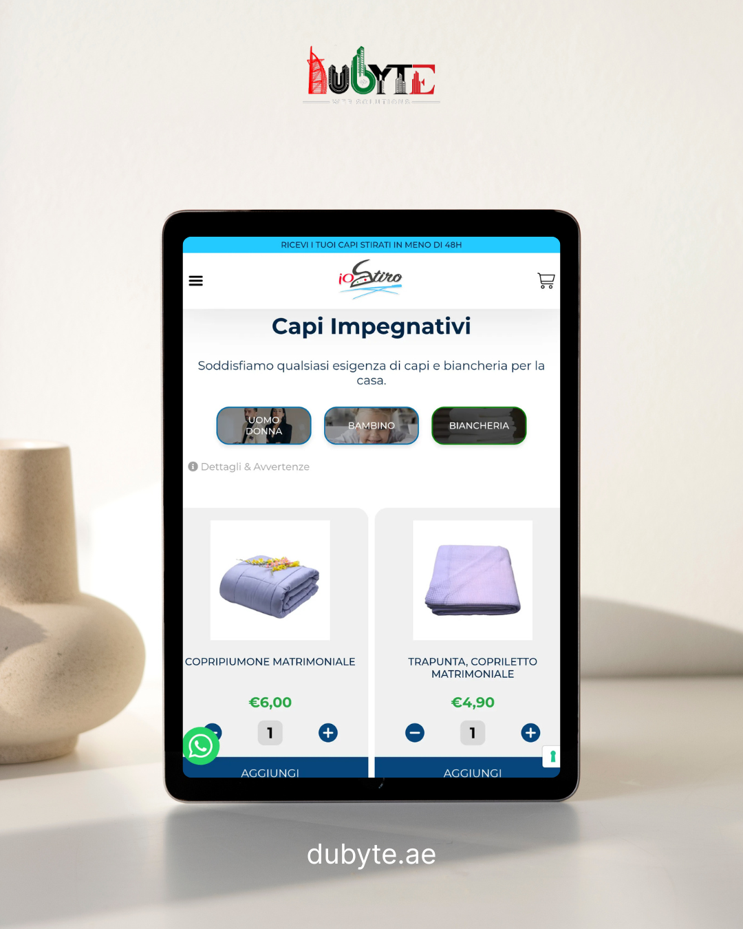 Dubyte mobile app project — ioStiro laundry service catalog screen on tablet